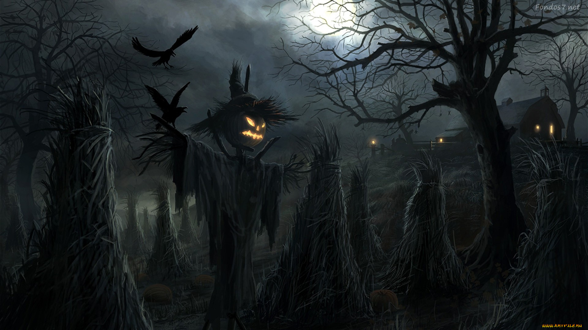, , scary, pumpkin, moon, holiday, jack, o', lantern, house, night, scarecrow, ravens, spooky, field, halloween, barn, sheaves